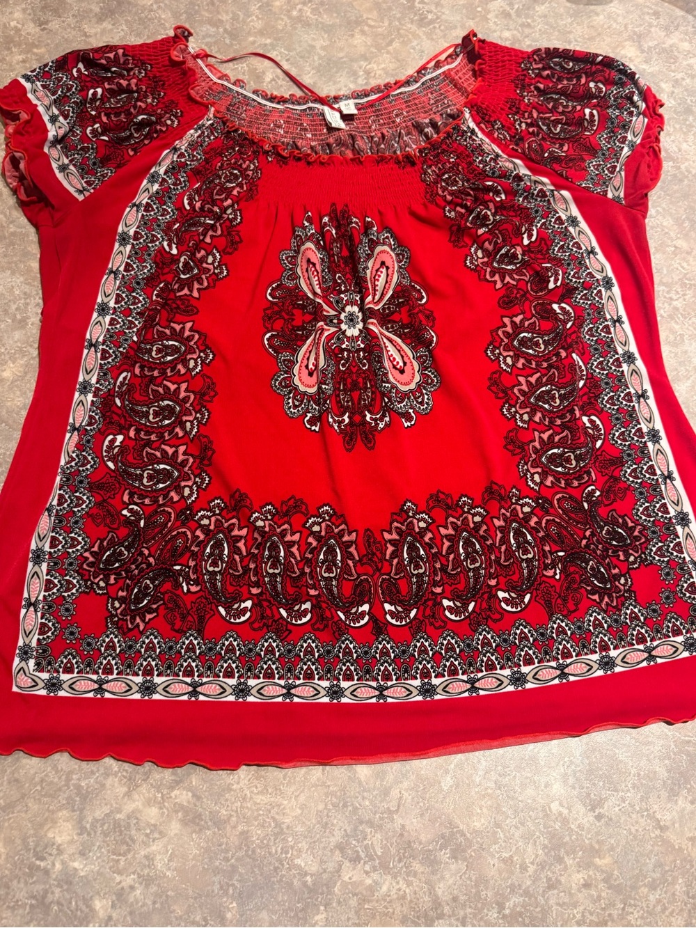 Madison Red Paisley-Print Short Sleeve Blouse